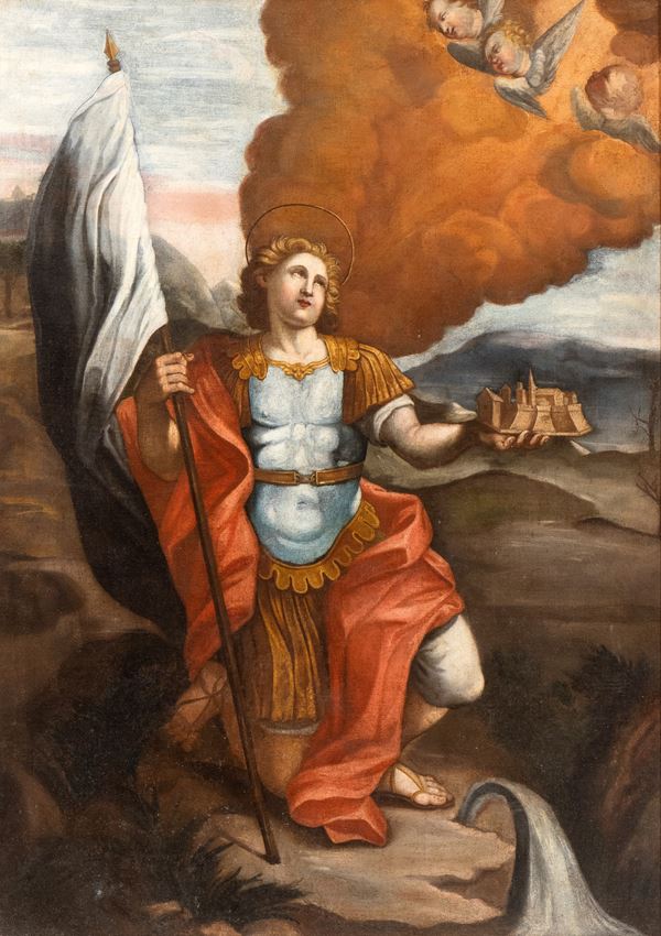 Artista emiliano, XVIII secolo - Santo guerriero con modello di cittadella (San Vittore Martire?)