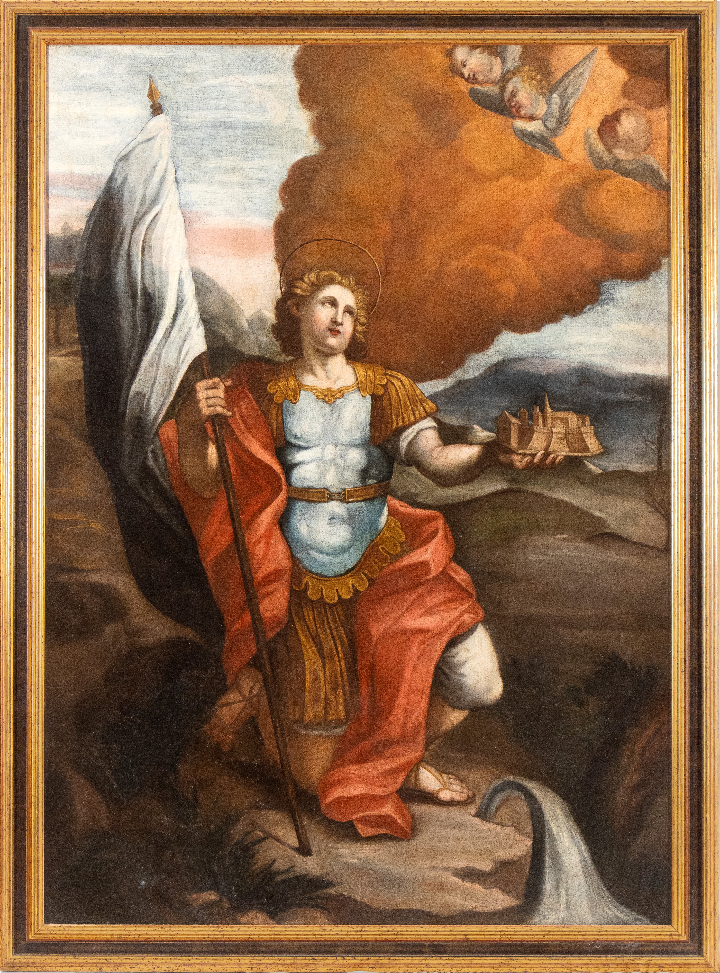 Artista Emiliano, XVIII Secolo - Autore non identificato, San Venanzio con modello di città, olio...