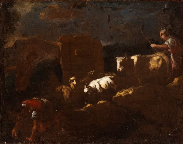Artista napoletano, seconda met&#224; XVII secolo - Landscape with shepherd and herds