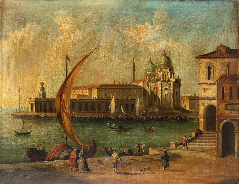Scuola Veneta, XIX-XX Secolo - Veduta del Bacino di San Marco con Punta della Dogana e Santa Mari...