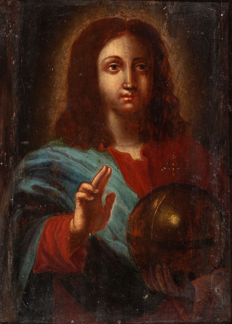 Artista Lombardo, XVII Secolo - Attribuito a Leonardo da Vinci, Salvator Mundi, olio su tavola