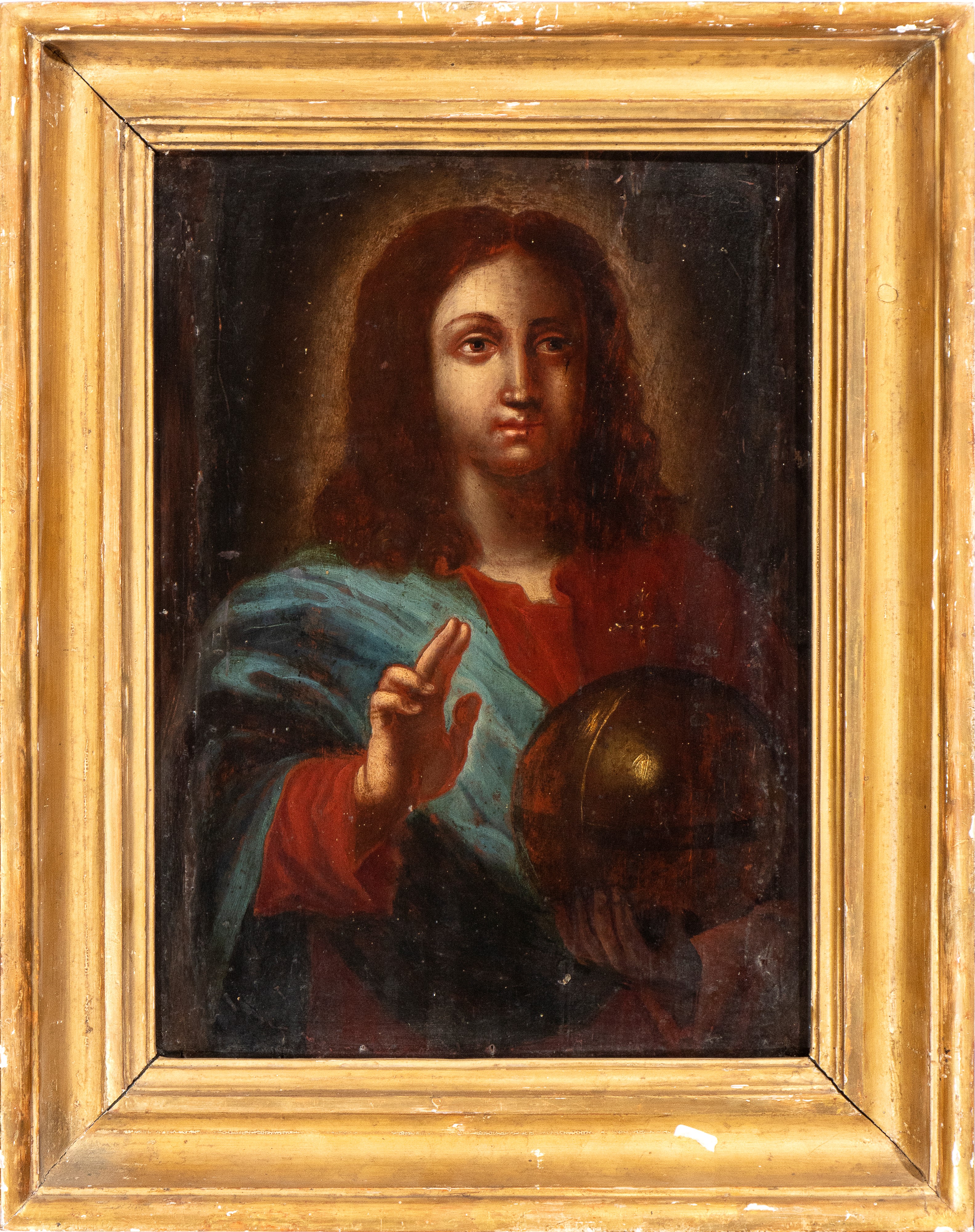 Artista Lombardo, XVII Secolo - Attribuito a Leonardo da Vinci, Salvator Mundi, olio su tavola