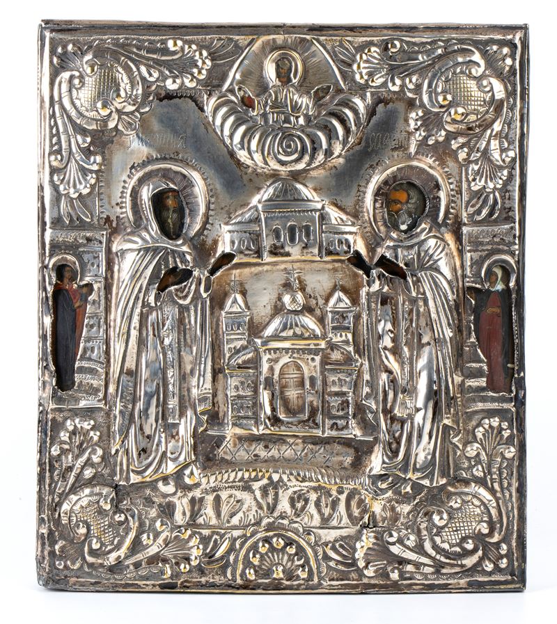 Icona russa con santi e Cristo Pantocratore, tempera su tavola (Tula?, XIX secolo)