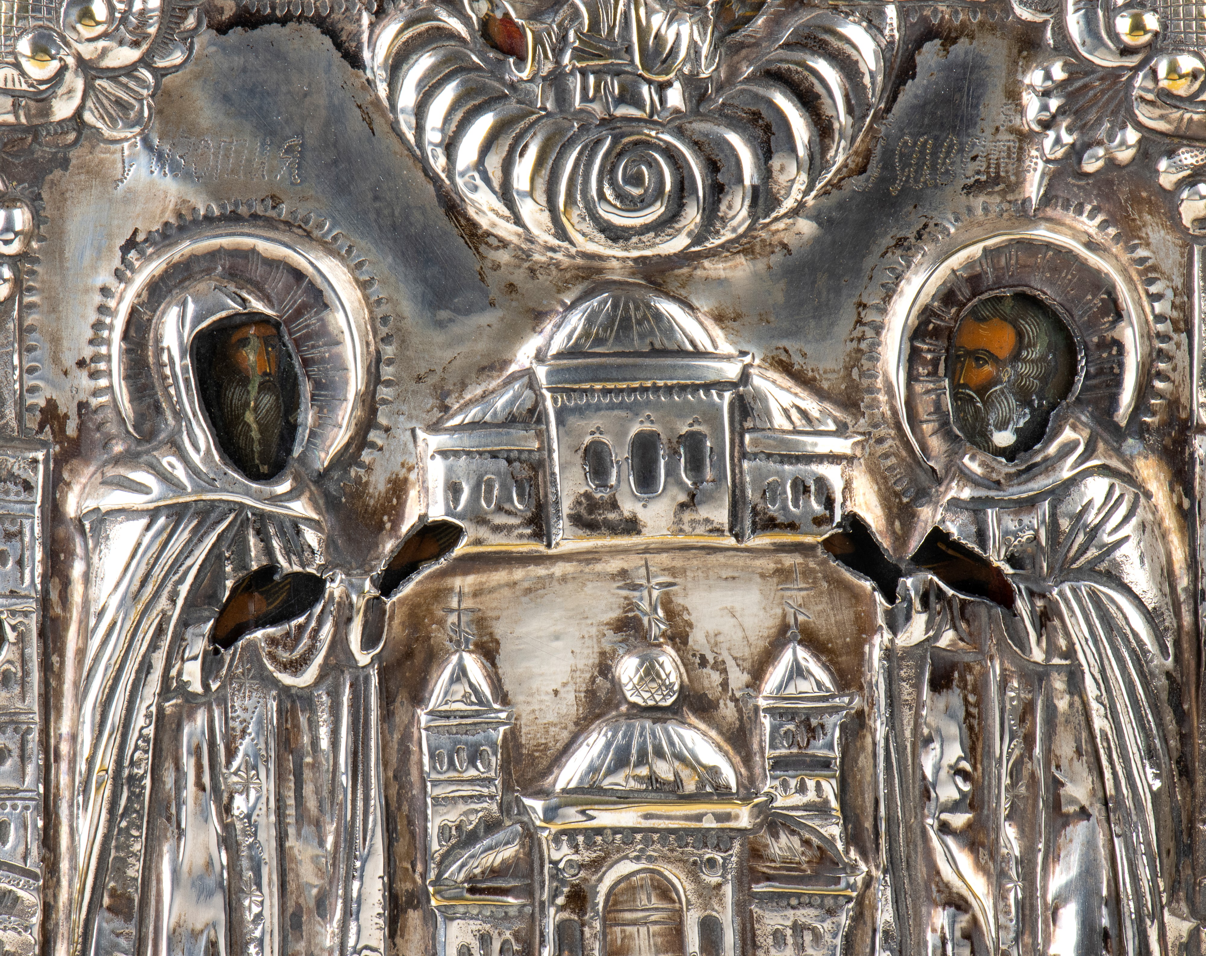 Icona russa con santi e Cristo Pantocratore, tempera su tavola (Tula?, XIX secolo)
