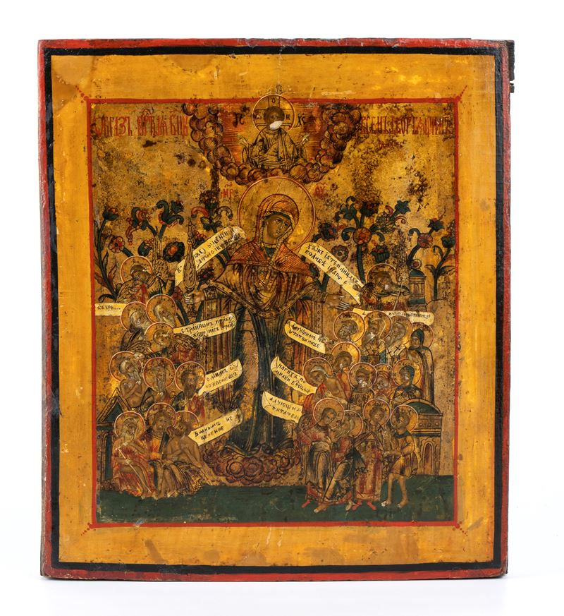 Icona russa, Madonna con sinassi di santi, tempera su tavola (XIX secolo)
