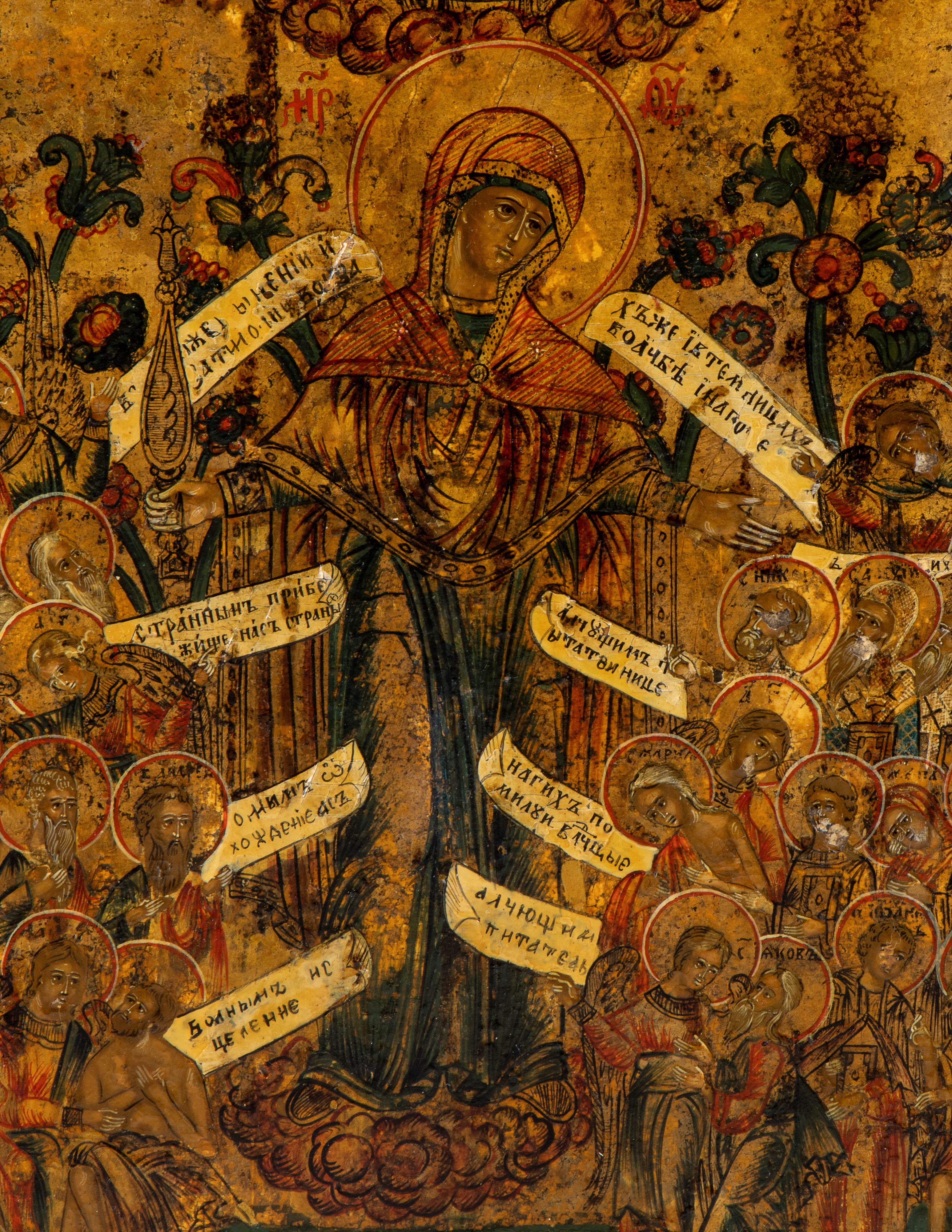Icona russa, Madonna con sinassi di santi, tempera su tavola (XIX secolo)