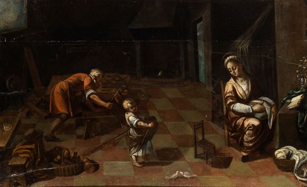 Scuola romana, XVII secolo - Holy Family in the workshop of Saint Joseph