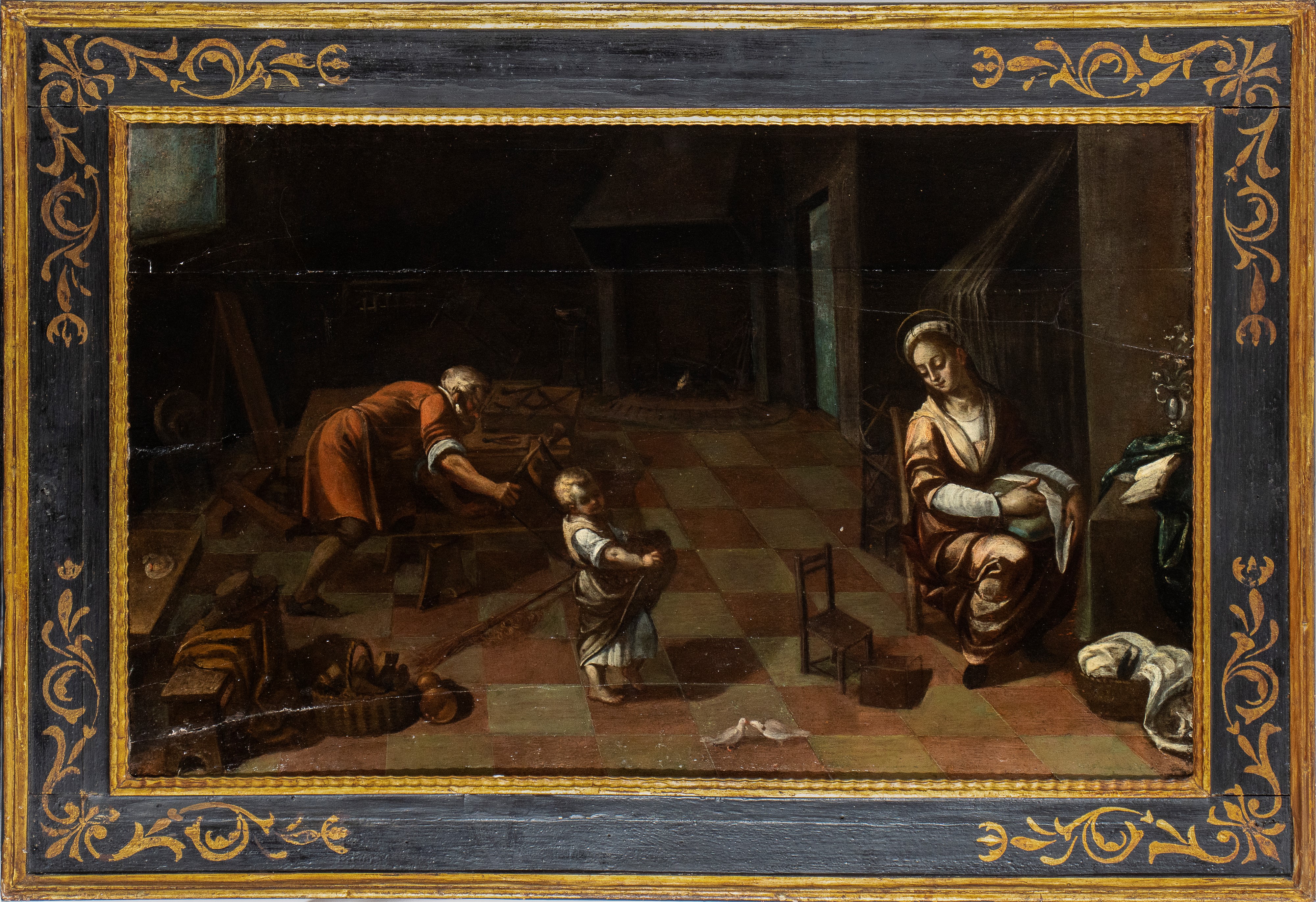 Scuola Romana, XVII Secolo - Sacra Famiglia nella Bottega di San Giuseppe