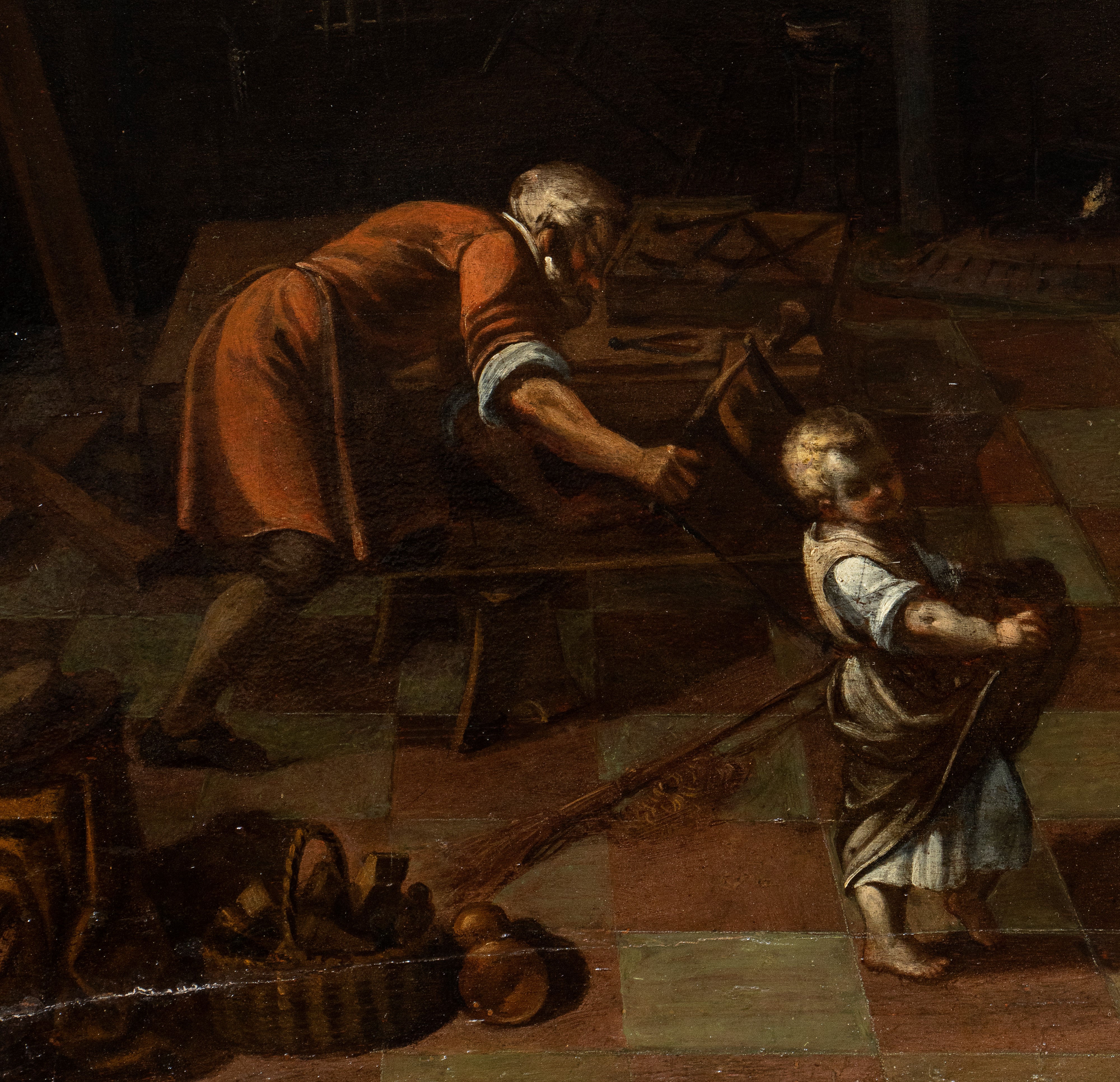 Scuola Romana, XVII Secolo - Sacra Famiglia nella Bottega di San Giuseppe