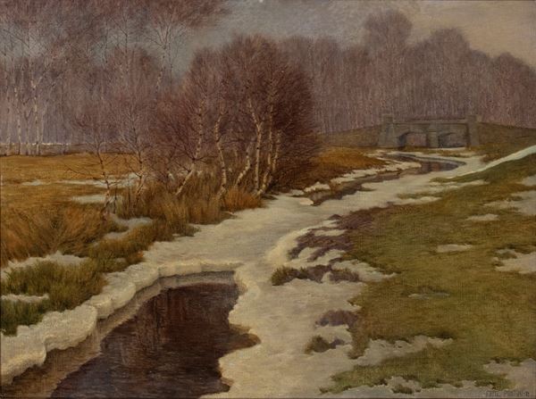 FRITZ PONTINI - Snowy river with bridge 