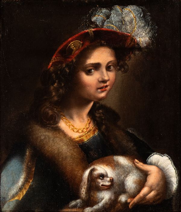 Pseudo Caroselli - Ritratto di gentildonna con cappello, pelliccia e cagnolino