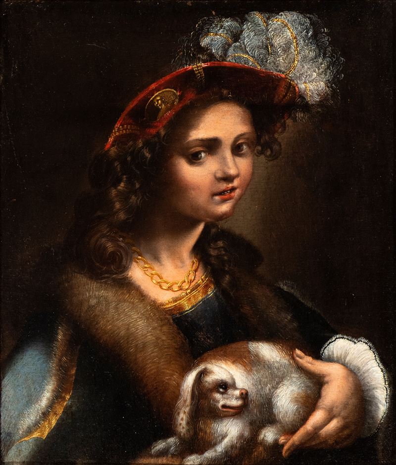Pseudo Caroselli - Ritratto di Gentildonna con Cappello, Pelliccia e Cagnolino