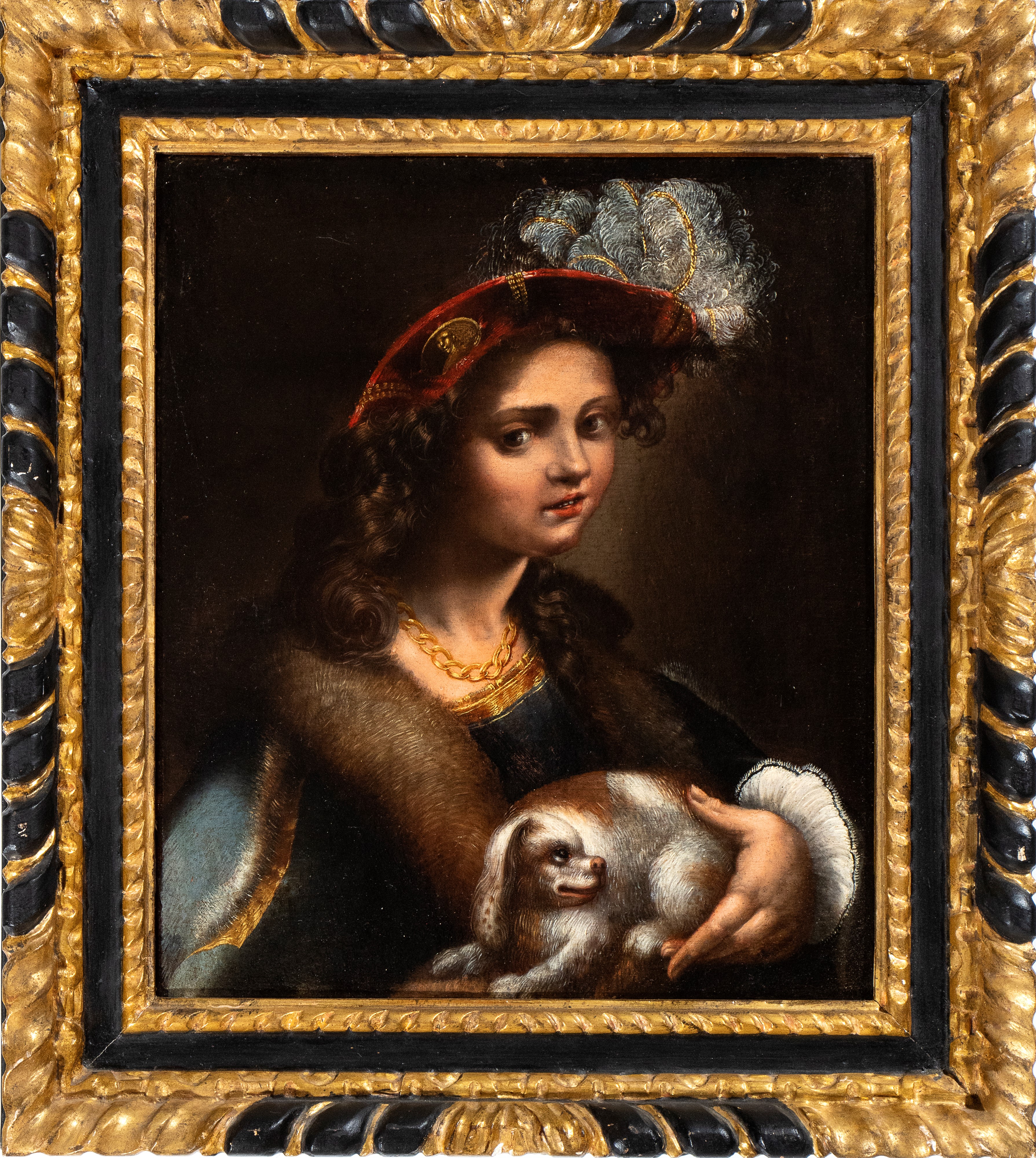 Pseudo Caroselli - Ritratto di Gentildonna con Cappello, Pelliccia e Cagnolino
