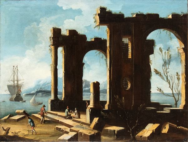 Artista napoletano, prima met&#224; XVIII secolo - Coastal landscape with ruins and figures
