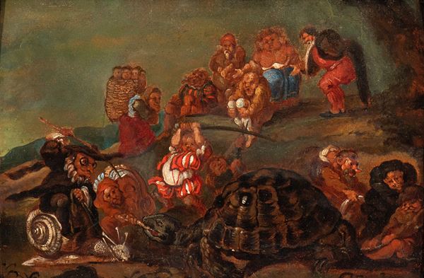 Artista bresciano, XVIII secolo - Pygmies fighting with a tortoise