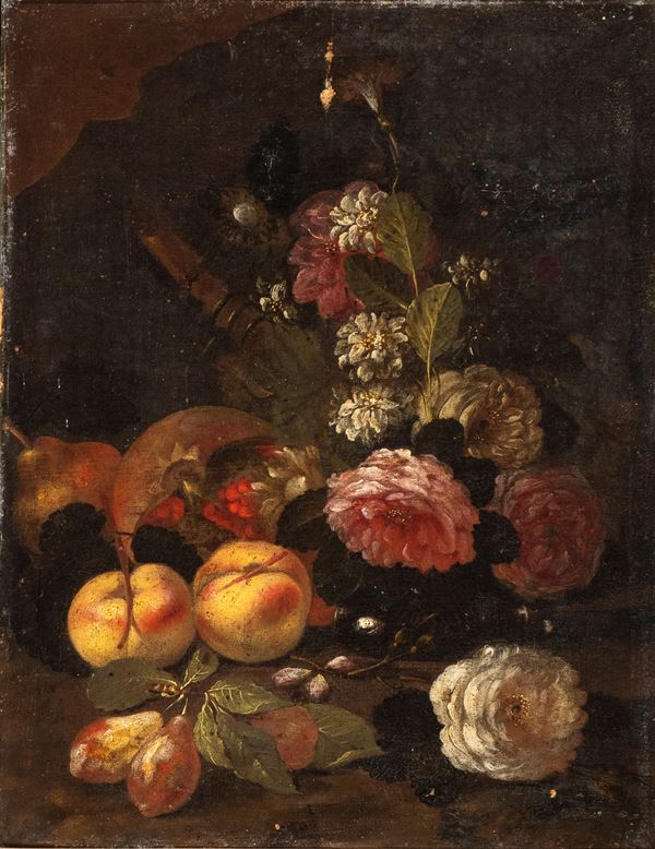 Artista attivo a Roma, seconda met&#224; del XVII secolo - Natura morta di fiori, pesche, prugne e melagrana