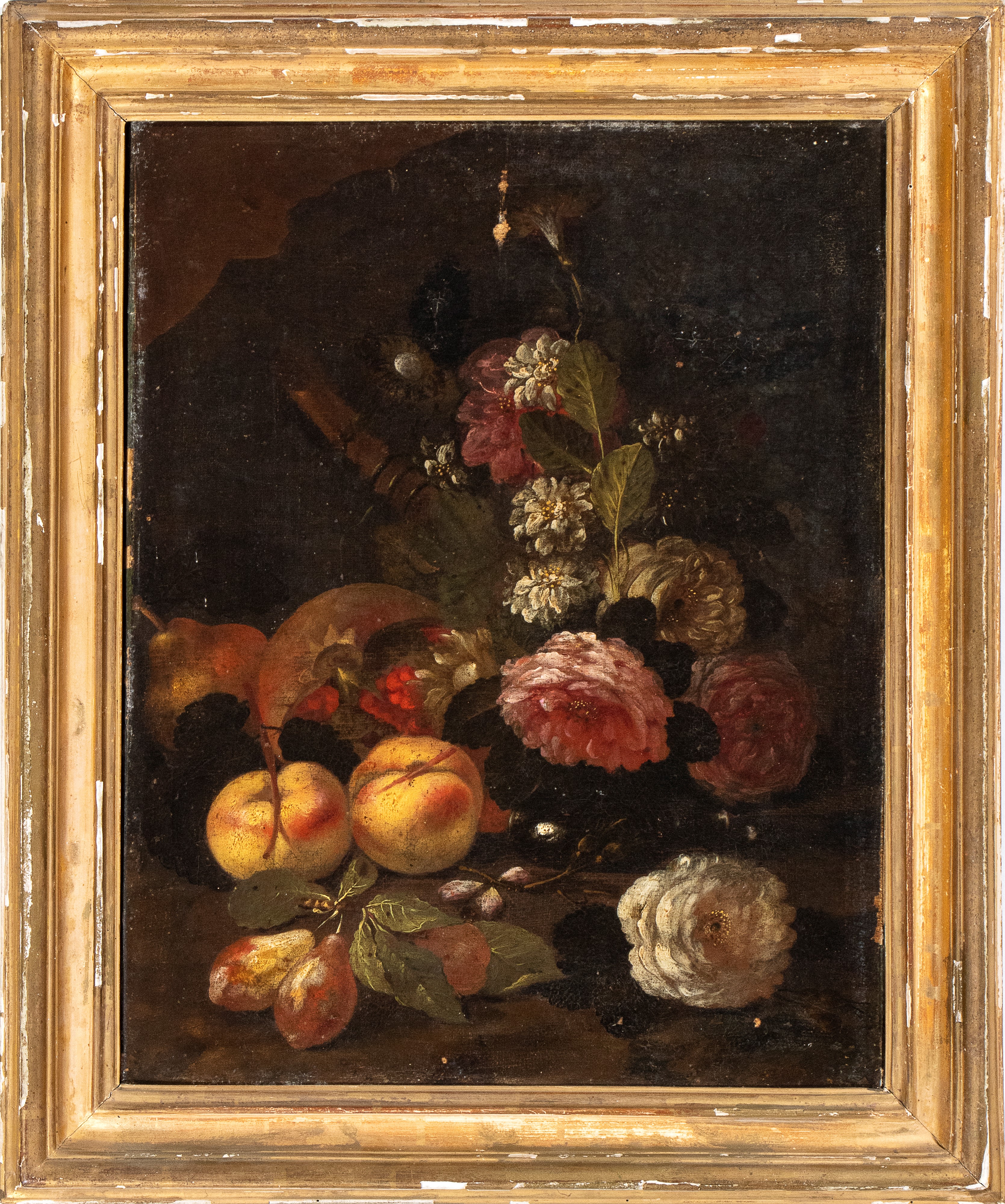 Artista Attivo a Roma, Seconda Metà del XVII Secolo - Natura Morta di Fiori, Pesche, Prugne e Mel...