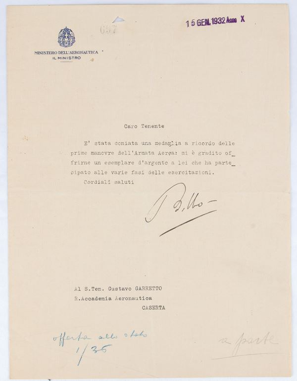 Balbo, Italo (Quartesana, 6 giugno 1896 – Tobruch, 28 giugno 1940)  - Auction Memorabilia. History & Movie - Bertolami Fine Art - Casa d'Aste