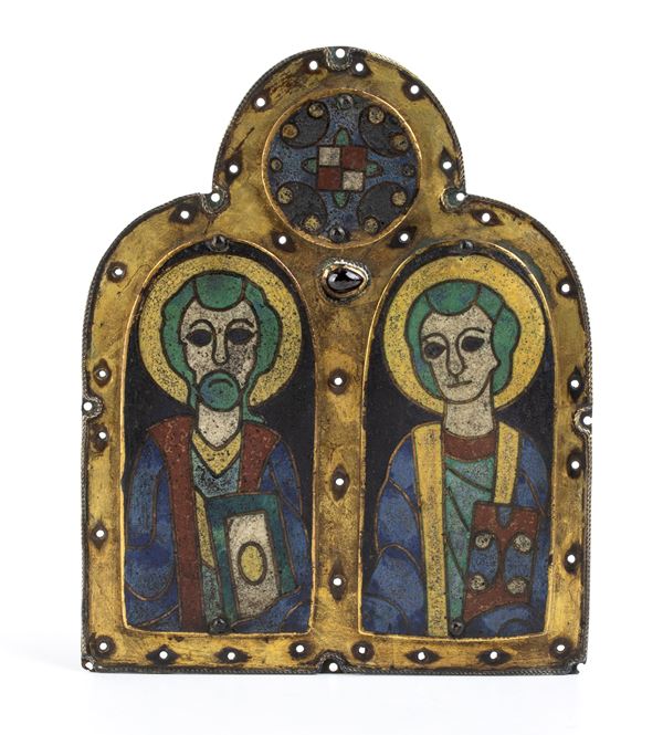 Enameled spanish plaque depicting two saints