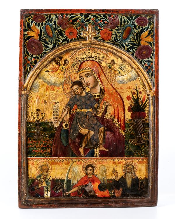 Icona ortodossa raffigurante Madonna con Bambino e pergamena