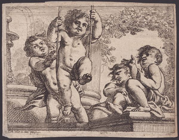 Cornelis Schut - Four naked cherubs with a swing