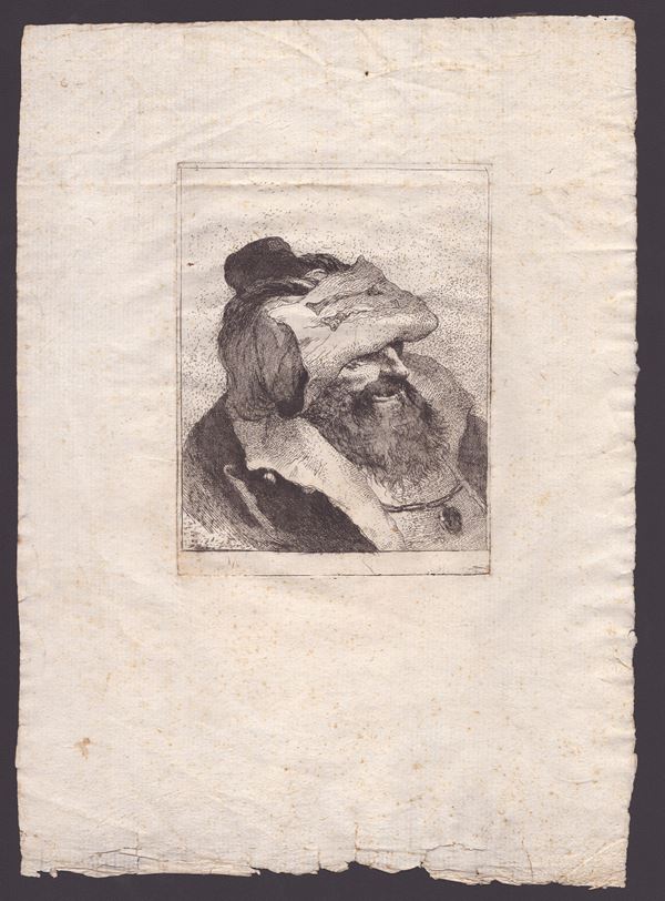Giandomenico Tiepolo - Testa e spalle di un uomo rivolto a destra, i suoi occhi sono coperti da un cappello