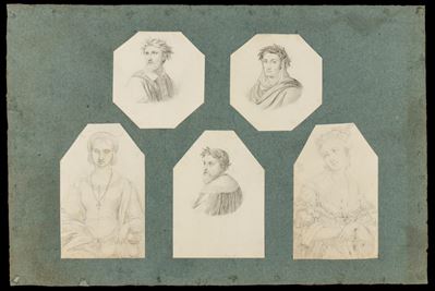 Serie di Cinque Ritratti: Tre Poeti Coronati di Lauro e Due Figure Femminili
