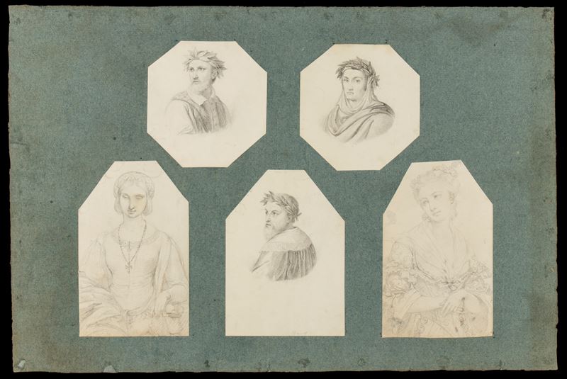 Giovanni Andrea Darif - Serie di Cinque Ritratti: Tre Poeti Coronati di Lauro e Due Figure Femmin...