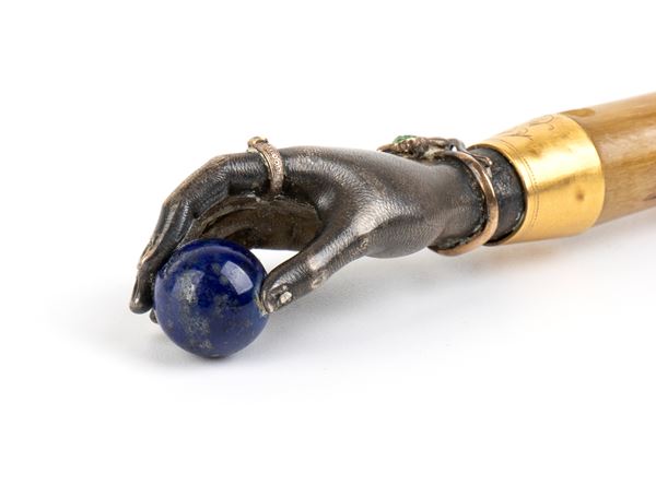 French horn horse whip with silver handle
