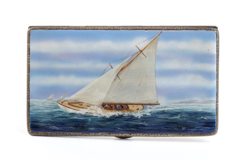 Charles S Green & Co Ltd - Portasigarette Art Déco Inglese Slipway in Argento e Smalti Policromi