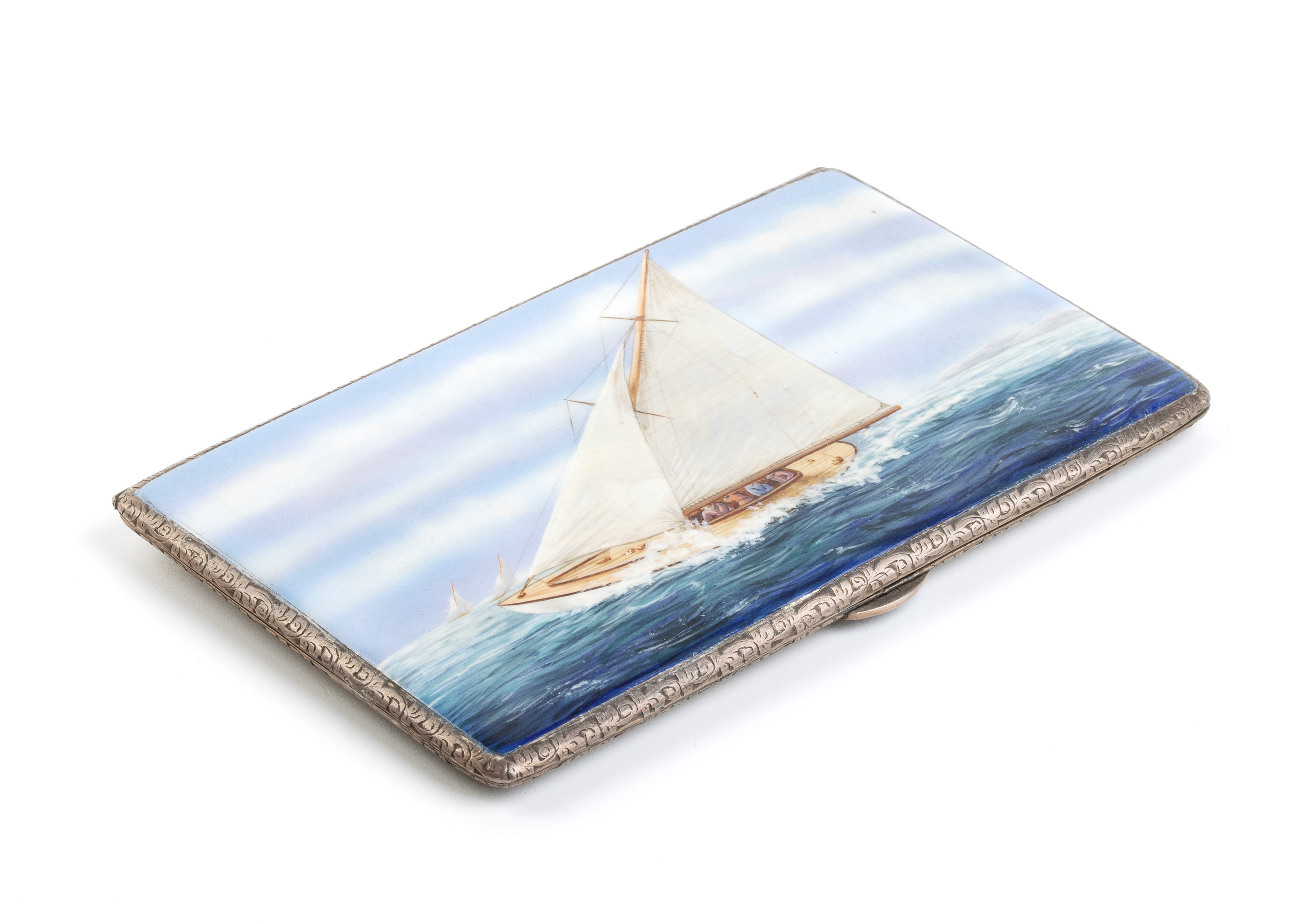 Charles S Green & Co Ltd - Portasigarette Art Déco Inglese Slipway in Argento e Smalti Policromi