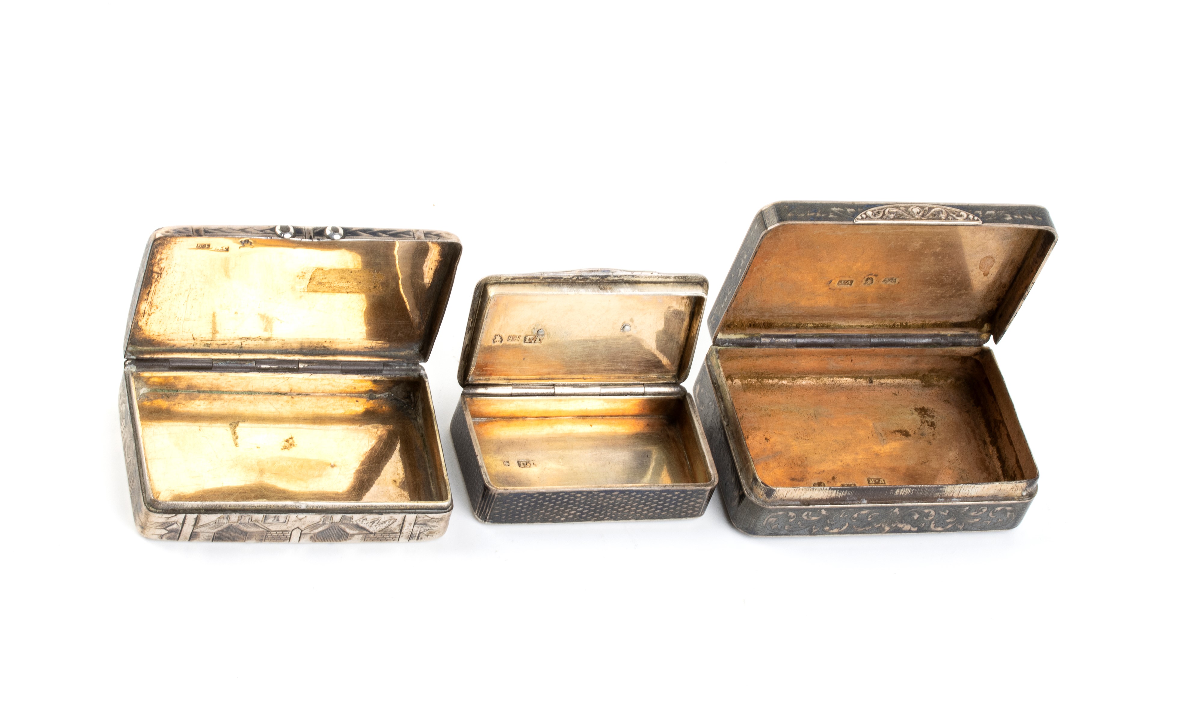 Tre Tabacchiere Russe in Argento Niellato
