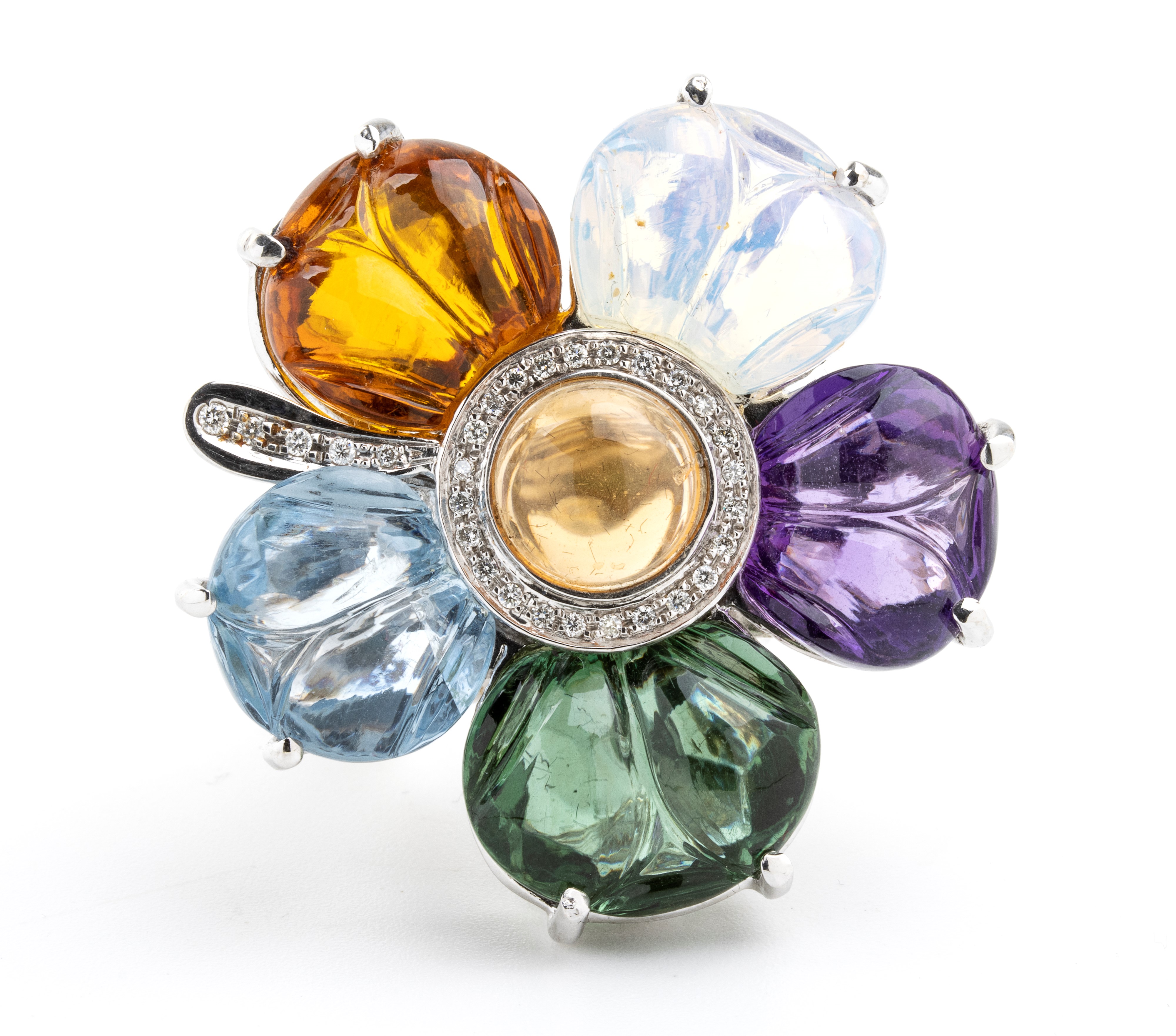 Anello in oro bianco con diamanti e paste vitree