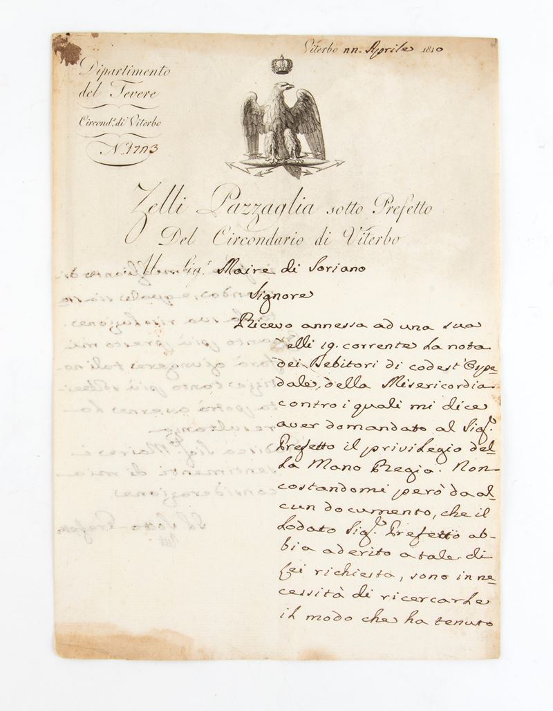 Lettera Manoscritta e Autografa del Sottoprefetto Zelli - Pazzaglia