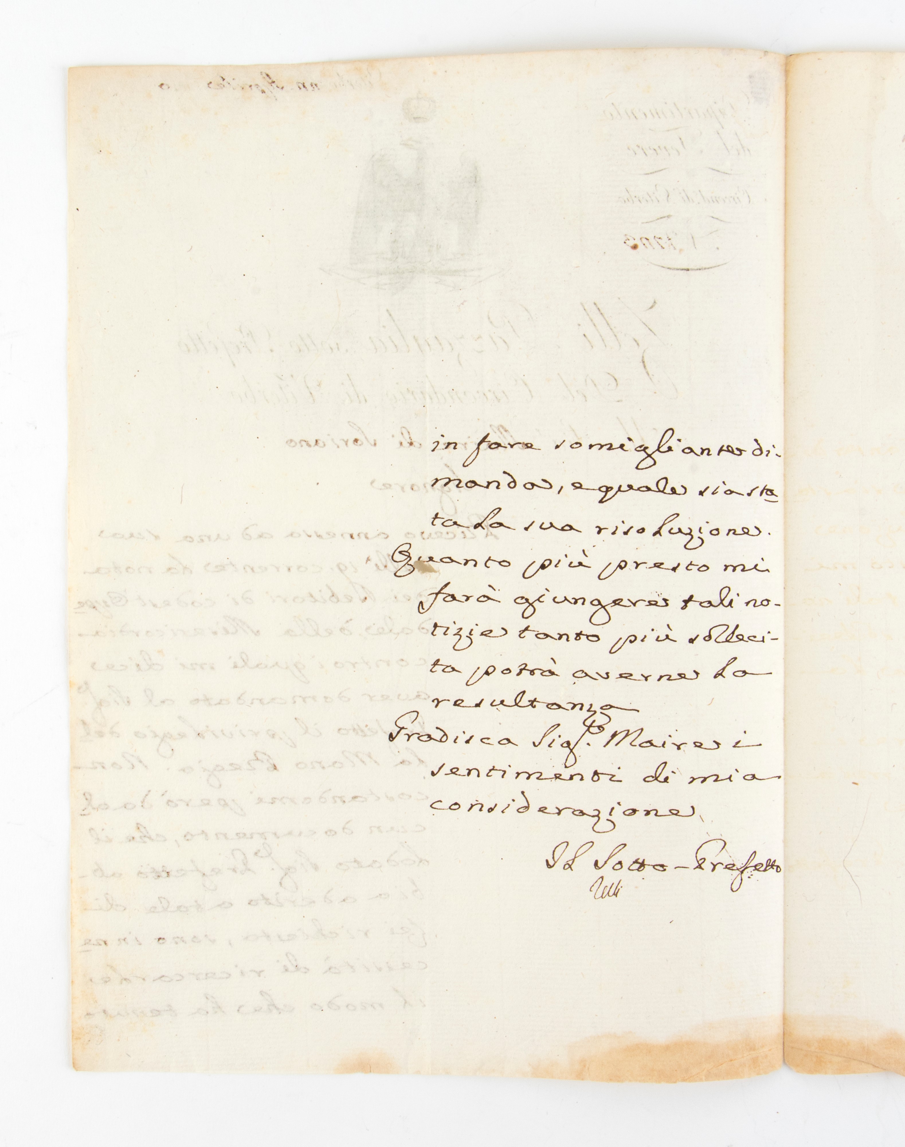 Lettera Manoscritta e Autografa del Sottoprefetto Zelli - Pazzaglia