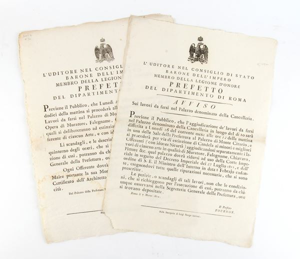 Due bandi Napoleonici di Roma sull'assegnazione dei lavori   (1812)  - Asta Militaria, Ordini cavallereschi, Napoleonica - Bertolami Fine Art - Casa d'Aste