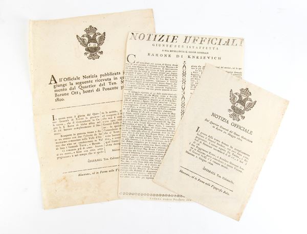 Tre notizie ufficiali austriache quartier generale  (1800)  - Auction Militaria, Orders of Chivalry, Napoleonic collectibles  - Bertolami Fine Art - Casa d'Aste