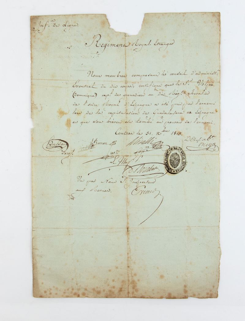 Lettera Reggimento Reale Straniero - Tumulazione Granatieri C.le Domenico Volpi 31 Novembre 1813