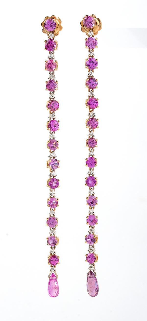 Pink sapphire diamond drop gold earrings 
