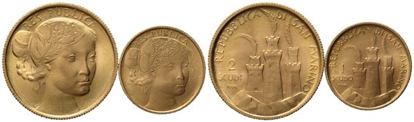 SAN MARINO. 1 e 2 scudi 1976, dittico. Au (6,02 g; 21,10 mm); Au (3,02 g, 15,98 mm) 