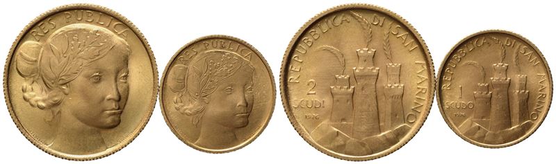 San Marino. 1 e 2 Scudi 1976, Dittico. Au (6,02 G; 21,10 MM); Au (3,02 G, 15,98 MM)