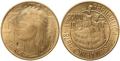 San Marino. 10 Scudi 1978. Au 917 (30,16 G; 33,93 MM). Fdc