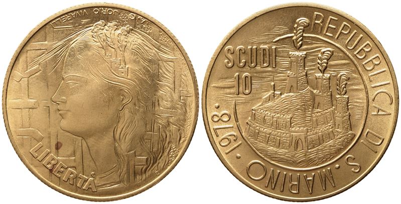 San Marino. 10 Scudi 1978. Au 917 (30,16 G; 33,93 MM). Fdc