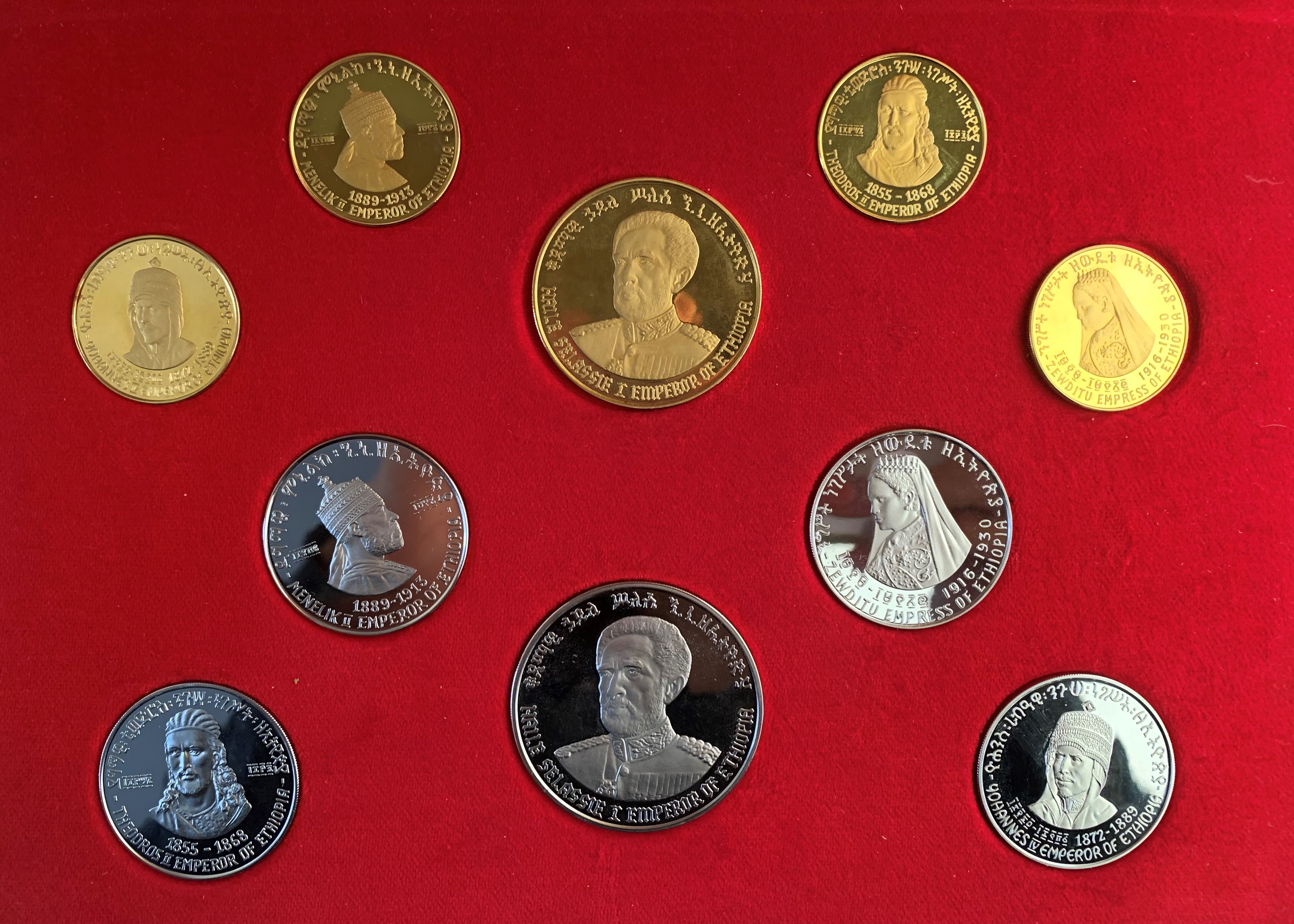 ETIOPIA. Serie da 10 monete: Au (40,12 g; 45,19 mm); 4 in Au da (20 g; 33,06 mm) e 5 Ag (40 g; 50...