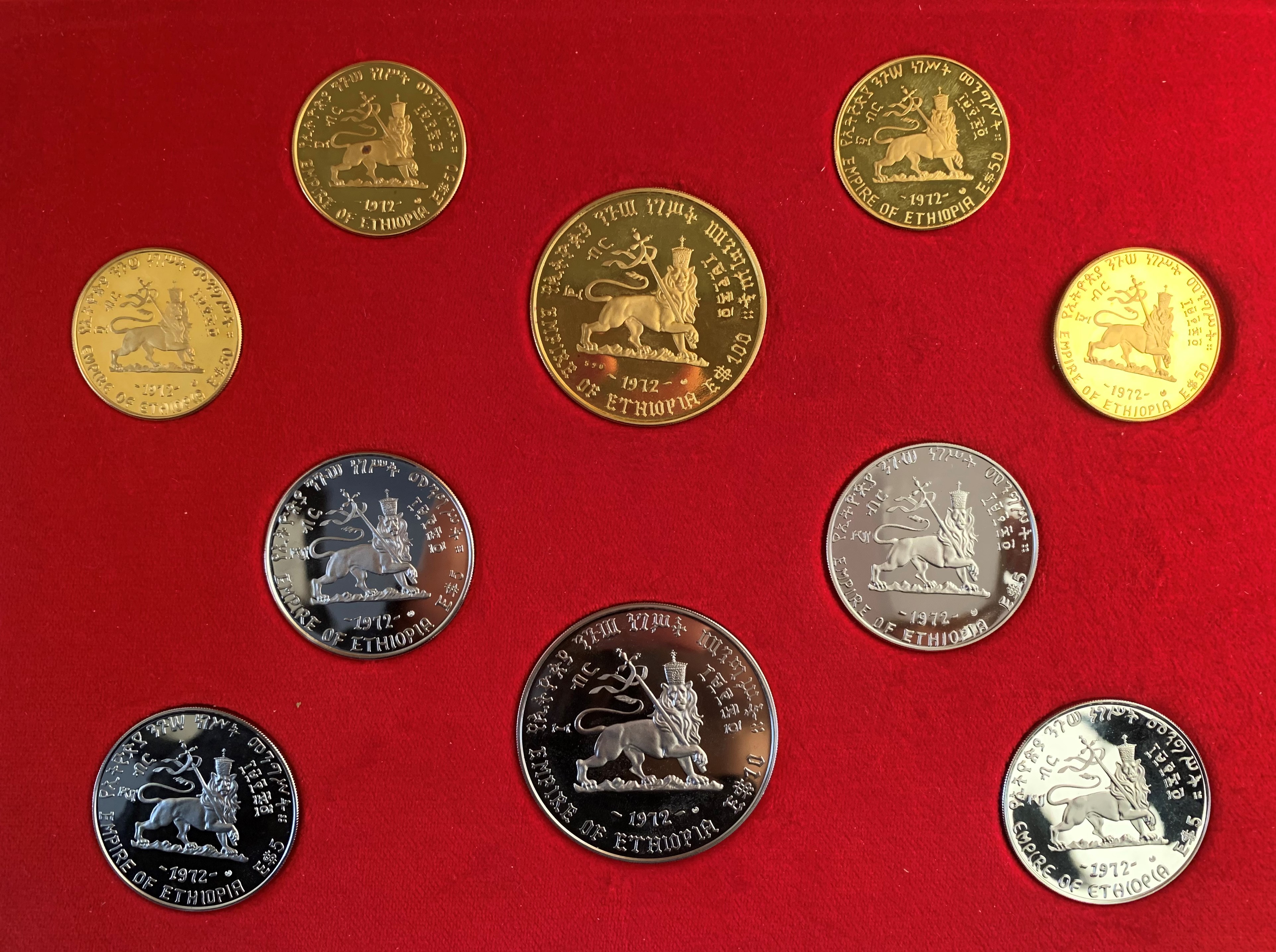 ETIOPIA. Serie da 10 monete: Au (40,12 g; 45,19 mm); 4 in Au da (20 g; 33,06 mm) e 5 Ag (40 g; 50...