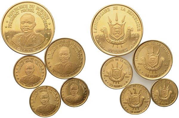 BURUNDI. Coin set serie di 5 monete in oro commemorative del 1967 (complessivamente gr. 66,30). Au 900; 100 franchi (32,23 g; 35,20 mm); 50 (16,24 g; 27,19 mm); 25 (8,12 g; 21,95 mm); 20 (6,47 g; 21 mm); 10 (3,24 g; 19,29 mm).