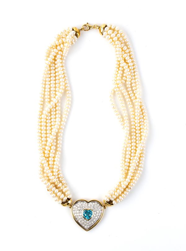Blue topaz diamond pearl gold necklace   