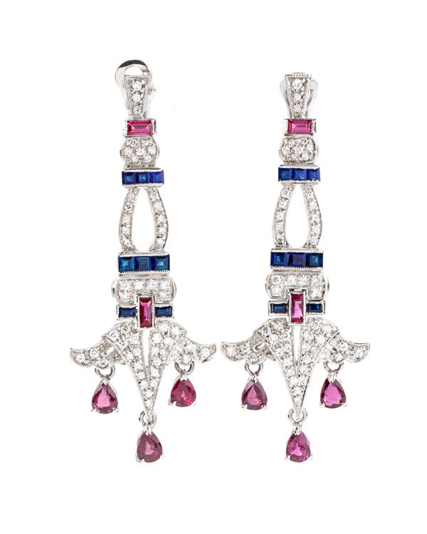 Blue sapphires rubies diamond gold drop pair of earrings    