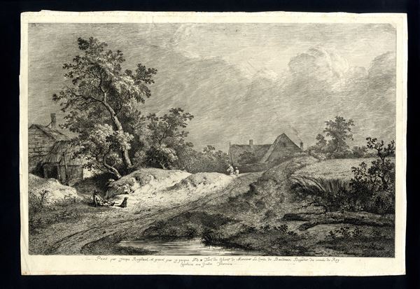 Jean Jacques  de Boissieu - Paesaggio con casolare e ruscello, con contadino seduto e cagnolino