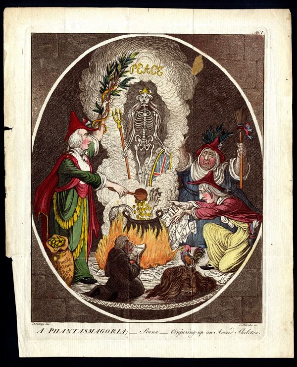 James Gillray : To Phantasmagoria; -scene- Conjuring-up an Armed Skeleton  - Auction Drawings, Prints and Geographical Maps from the 16th to the 19th Century - Bertolami Fine Art - Casa d'Aste